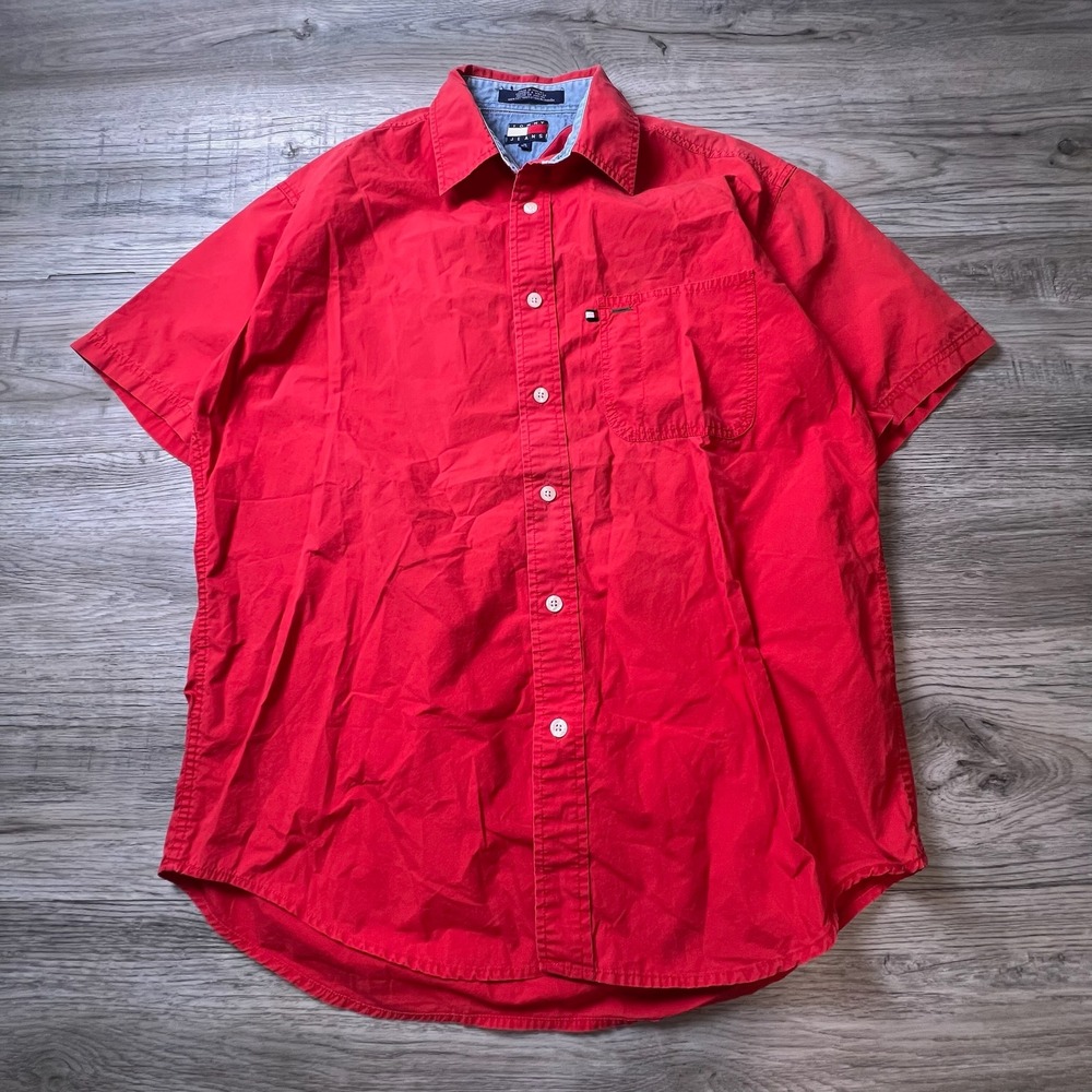 Tommy Jeans Button Down Shirt Mens Medium Red Short Sleeve 88 Graphic Varsity‎